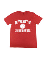 Red heathered tee with white text, 'UNIVERSITY OF SOUTH DAKOTA' and a white basketball.