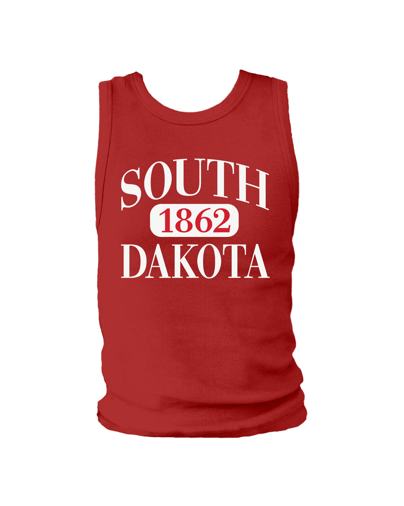 Red ribbed women's tank with white 'SOUTH DAKOTA 1862' across chest.