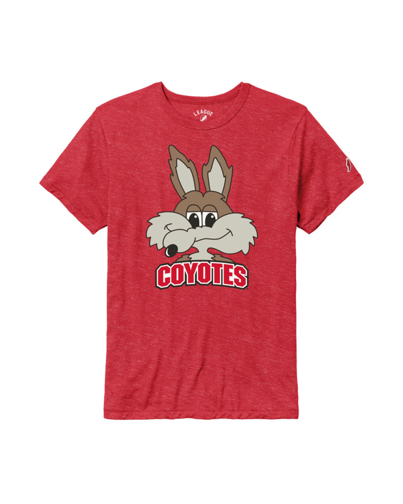 Red short-sleeve tee with large full color vintage Charlie head and red text below, 'COYOTES.'