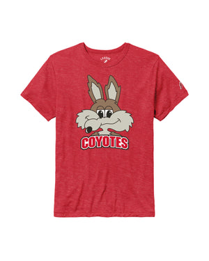 Red short-sleeve tee with large full color vintage Charlie head and red text below, 'COYOTES.'