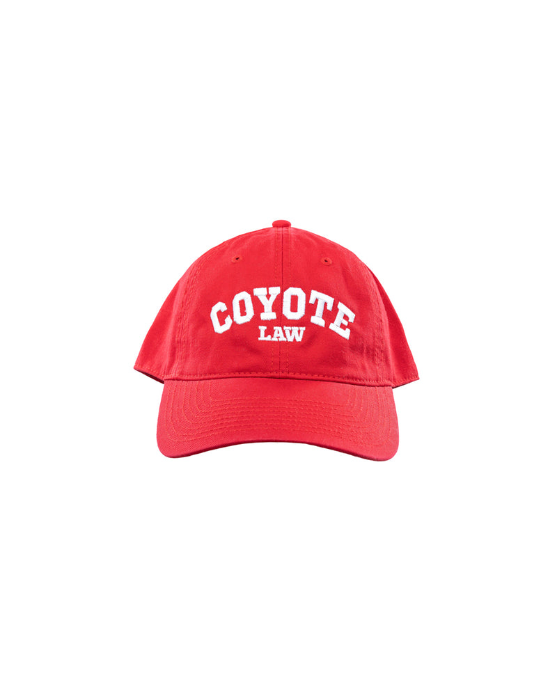 Red hat with white embroidered text, 'COYOTE LAW.'