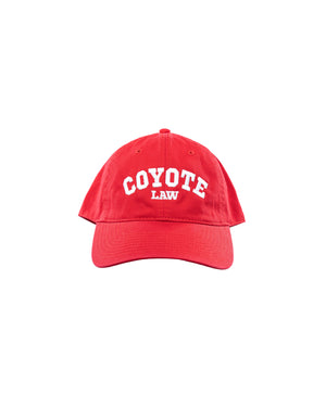 Red hat with white embroidered text, 'COYOTE LAW.'