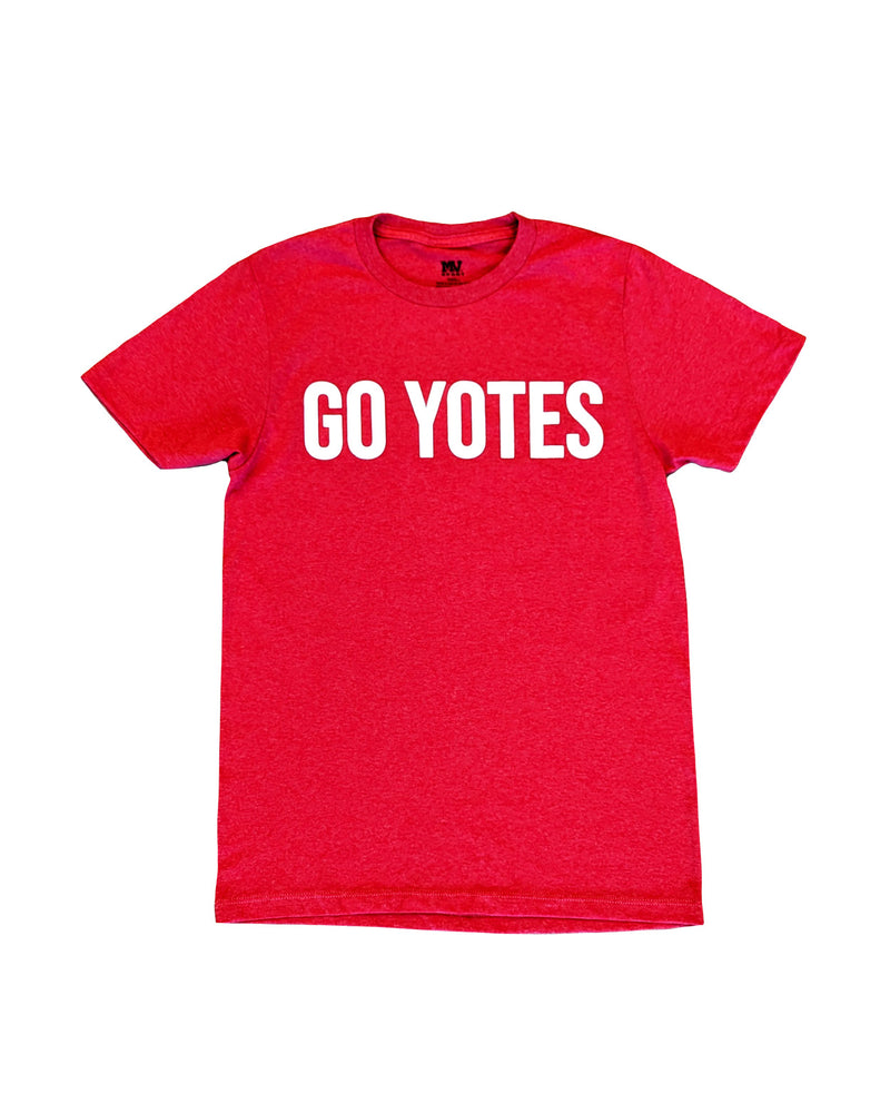 Heathered red tee with white text that says, 'GO YOTES.'