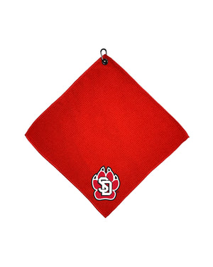 Red microfiber golf towel with large SD Paw logo in one corner.