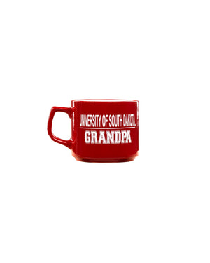 Red mug with University of South Dakota Grandpa in white 