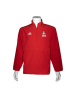 Red Adidas Men’s Quarter zip woven jacket with large front pouch pocket and white Adidas logo on upper right chest and full color new Coyote logo with white, ‘SOUTH DAKOTA,’ below on upper left chest.