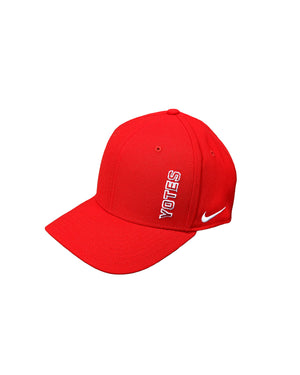 Red Nike Swoosh Flex hat with Yotes written sideways on the front left side and a white Nike logo on the side