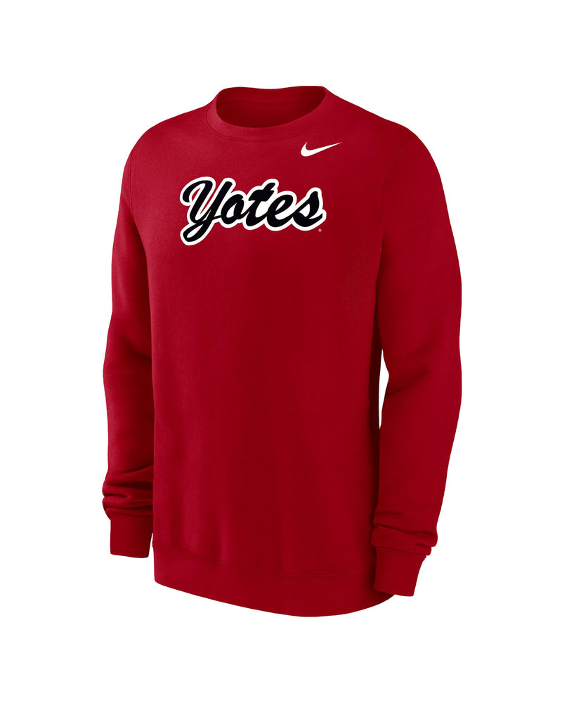 Red crew with black and white script 'Yotes' across chest and white Nike logo.