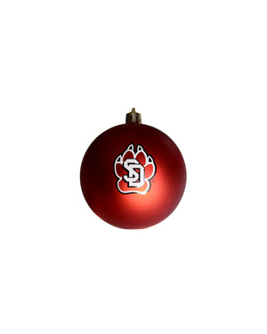 Red ball ornament with black, white and red SD Paw logo.