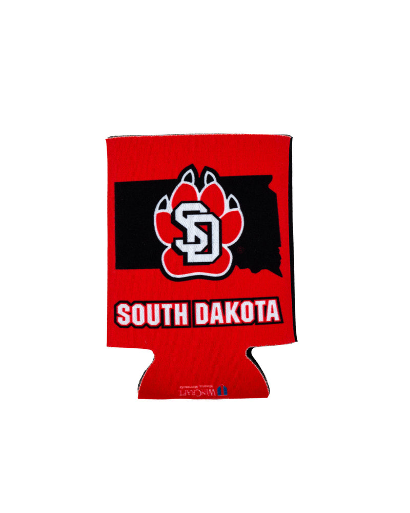 Red koozie with SD paw in a black SD state and South Dakota in white at the bottom 
