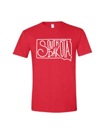 Red tee with white 'South Dakota' and state outline around words