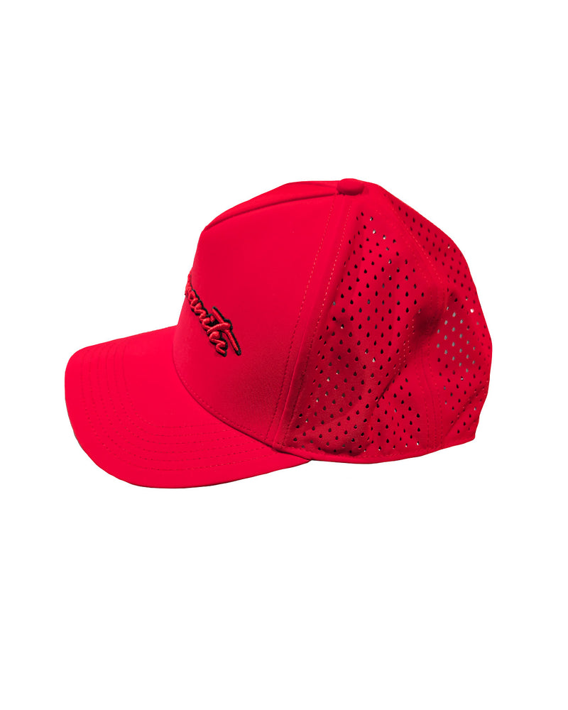 Side view of red mesh snapback hat with embroidered 'Sungmanitu' across front.