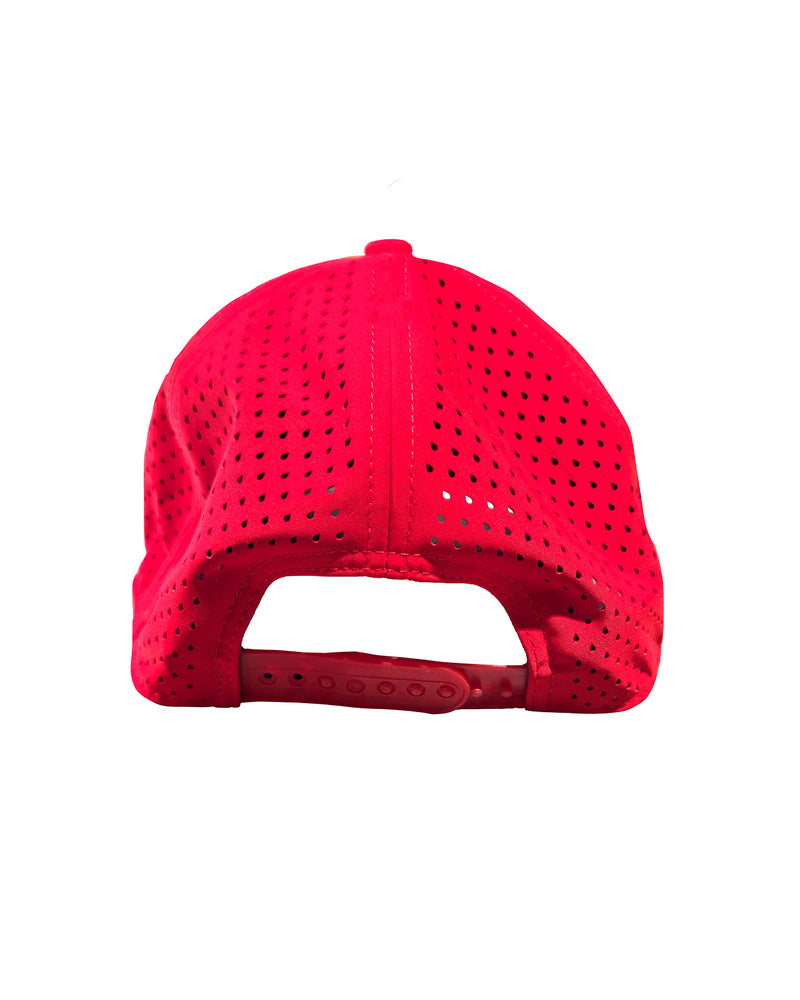 Back of red hat with mesh and snapback. 