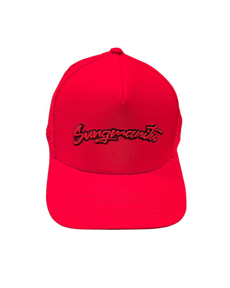 Red snapback hat with embroidered 'Sungmanitu' across front.