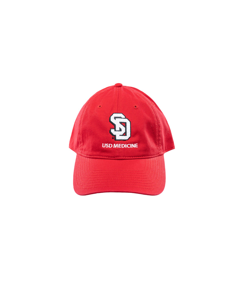 Red hat with black and white embroidered  SD logo and white text below, 'USD MEDICINE.'