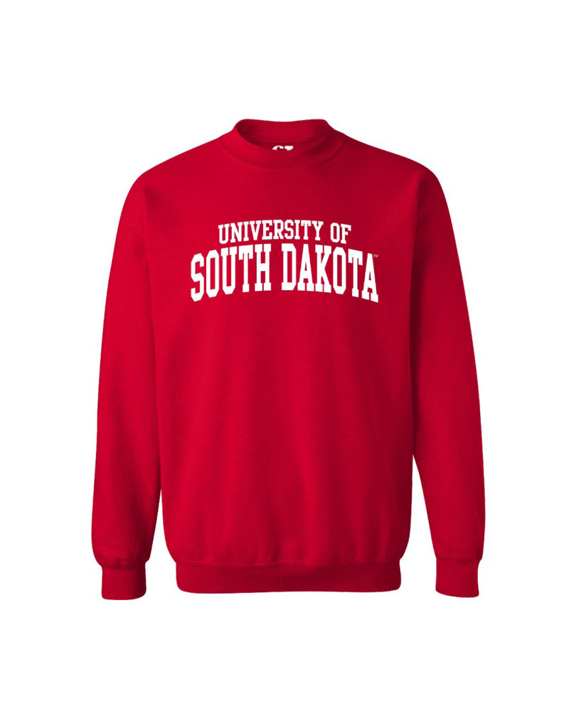Red crew with white 'UNIVERSITY OF SOUTH DAKOTA,' graphic across chest.