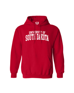 Red hoodie with white, 'UNIVERSITY OF SOUTH DAKOTA,' graphic across chest.