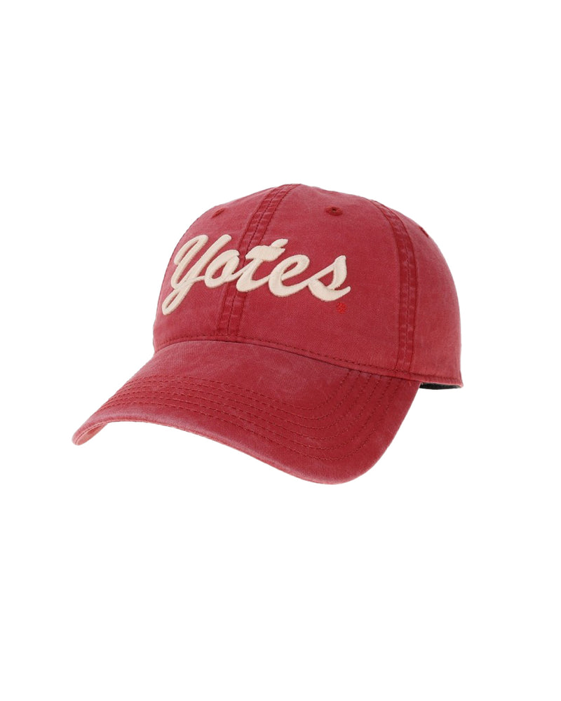Washed red color hat with beige puff embroidered 'Yotes' across font.