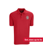 Red polo with embroidered SD Paw logo on upper left chest and text overlaid on image that reads 'Ext. sizes up to 5x.