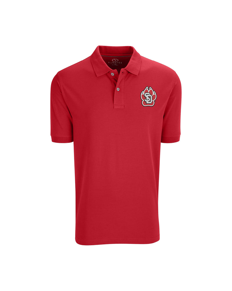 Red polo with embroidered SD Paw logo on upper left chest.