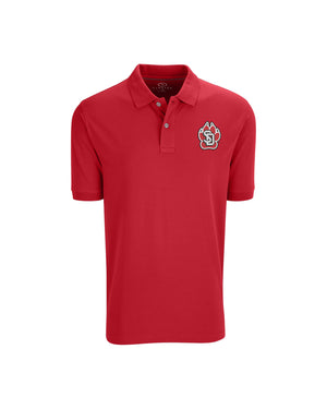 Red polo with embroidered SD Paw logo on upper left chest.