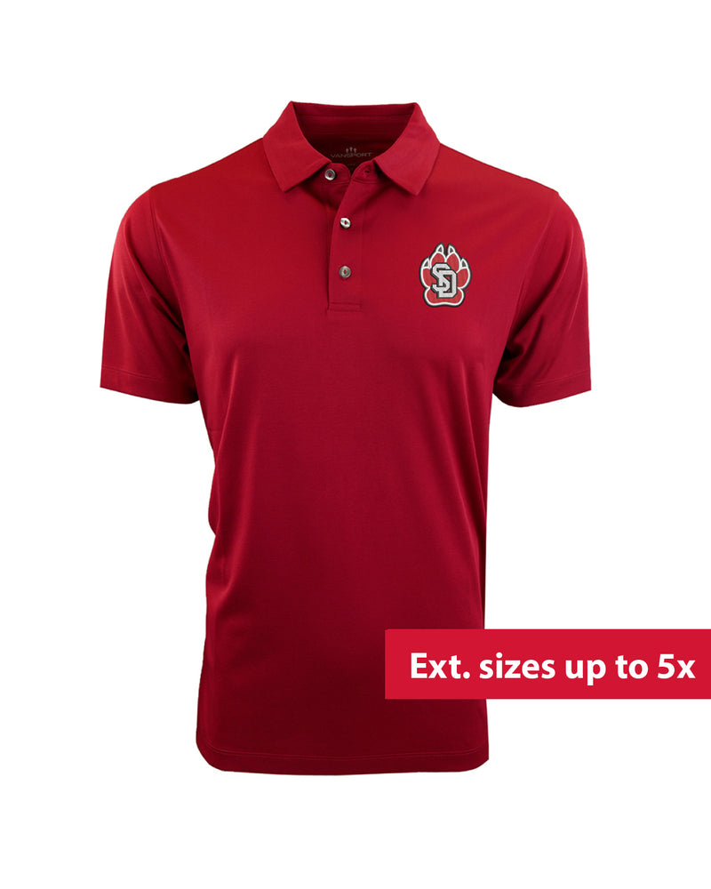 Red polo with embroidered SD Paw logo on upper left chest and text overlaid on image that reads 'Ext. sizes up to 5x.'