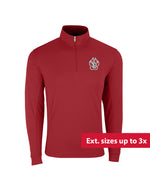 Red quarter zip with embroidered SD Paw logo on upper left chest and text overlaid on image that reads 'Ext. sizes up to 5x.'