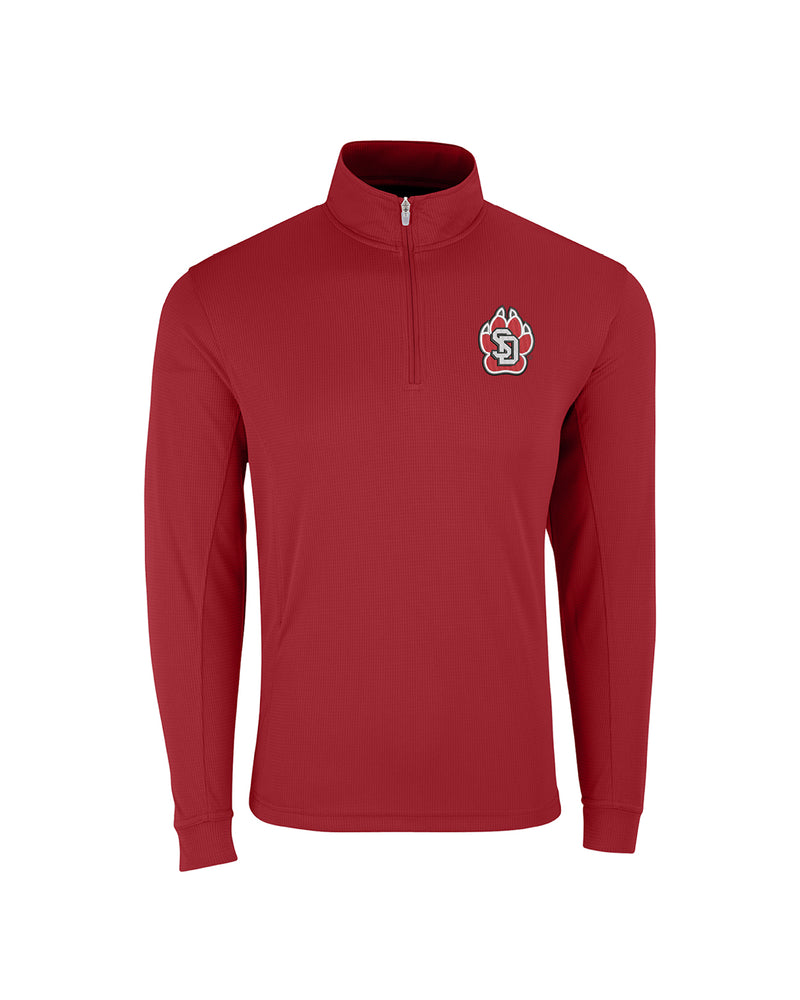 Red quarter zip with embroidered SD Paw logo on upper left chest.