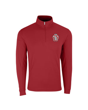Red quarter zip with embroidered SD Paw logo on upper left chest.
