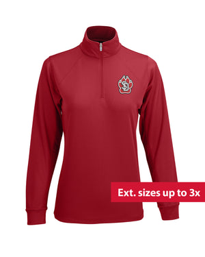 Red quarter-zip pullover with a red, white and black SD Paw logo on upper left chest. Graphic overlaid on image with text 'Ext. sizes up to 3x'