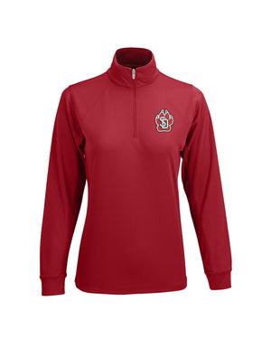 Red quarter-zip pullover with a red, white and black SD Paw logo on upper left chest.