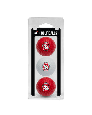 Set of three branded golf balls, two red, one white with SD Paw logo.