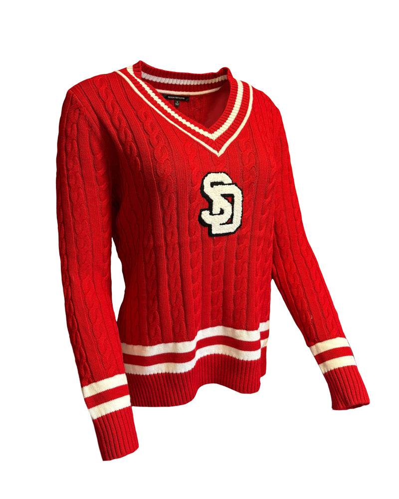 Red v-neck sweater with a white and black chenille 'SD' logo on chest and white stripes on cuffs.