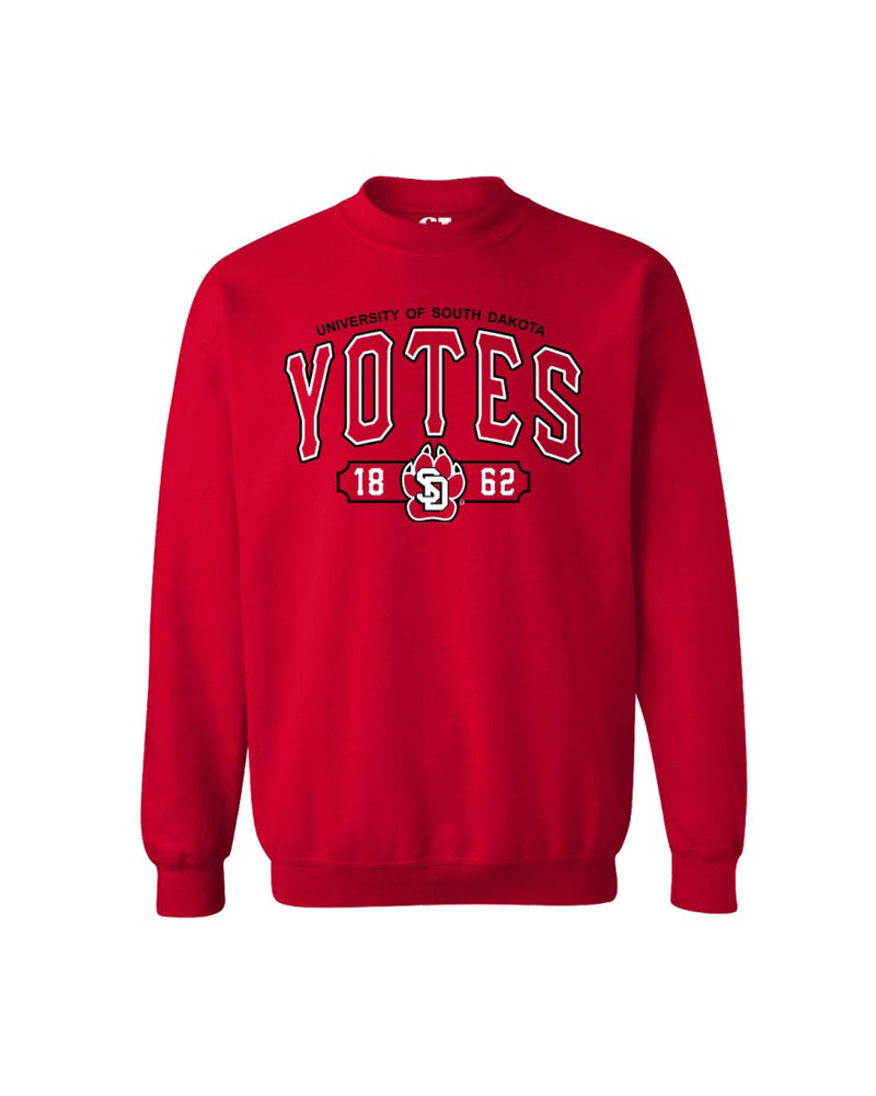 Red sweatshirt with embroidered 'Yotes' and 'University of South Dakota' text with SD Paw logo.