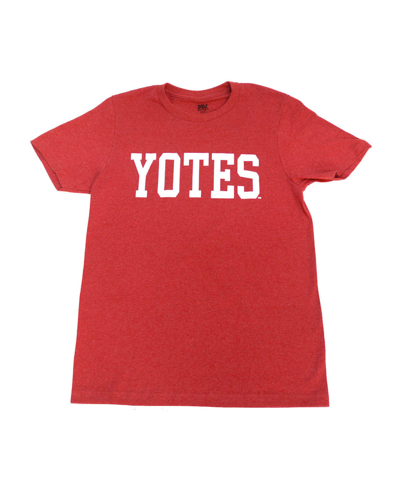 Red heather tee with white text, 'YOTES'