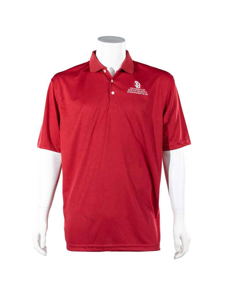 Red polo with white embroidered SD logo and text below, 'UNIVERSITY OF SOUTH DAKOTA KNUDSON SCHOOL OF LAW.'