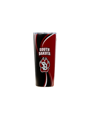 
                
                    Load image into Gallery viewer, USD Stainless steel black and red mug with South Dakota in white and the SD paw logo 
                
            