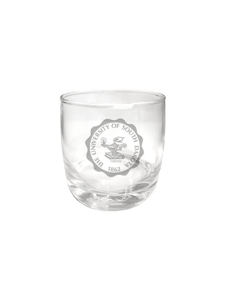 Clear cocktail glass with University seal etched.