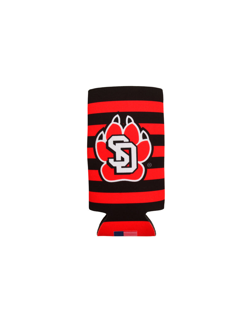 Slim can koozie with red and black stripes and a large SD Paw logo