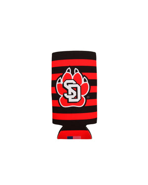 Slim can koozie with red and black stripes and a large SD Paw logo