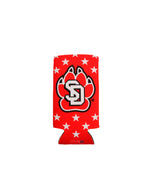 Red slim can koozie with white stars and a large SD Paw logo