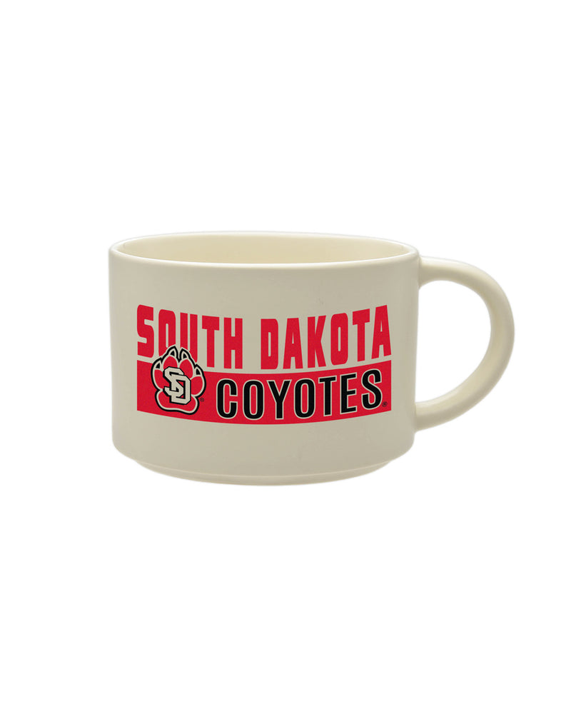 Cream oversized or soup style mug with red and black 'SOUTH DAKOTA COYOTES' and SD Paw logo.