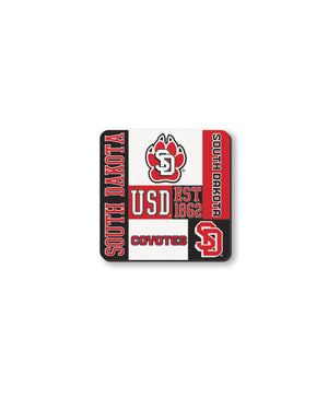 Square red, white and black magnet with SD Paw logo, and various text, 'SOUTH DAKOTA,' and 'USD COYOTES EST 1862.'