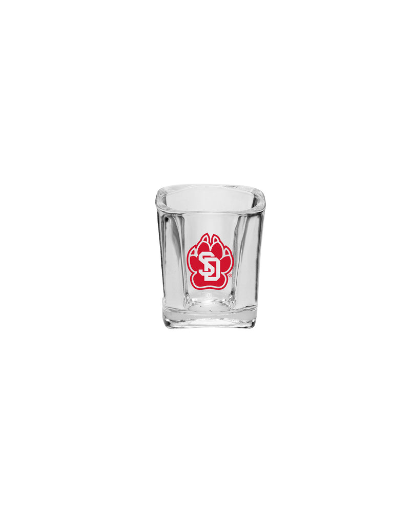 Clear square shot glass with a red SD Paw logo.
