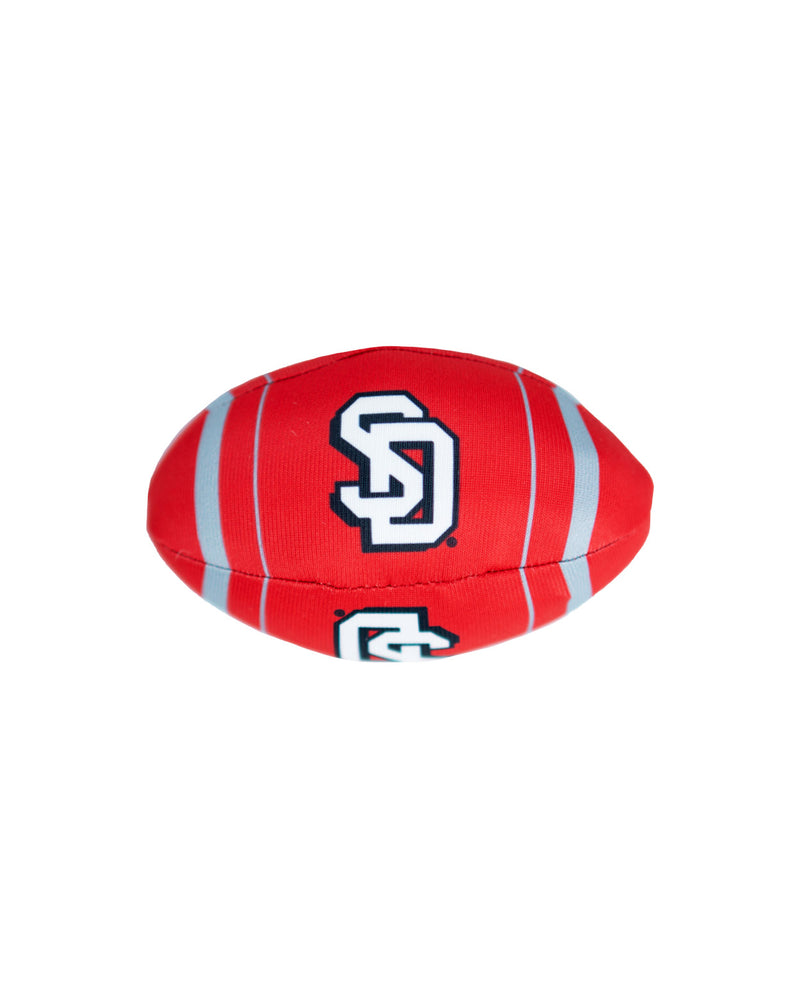 Red plush dog toy football with SD logo