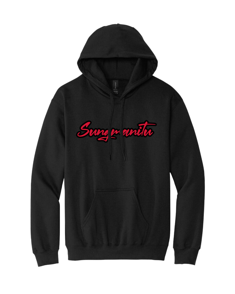 Black hoodie with red 'Sungmanitu' across chest. 
