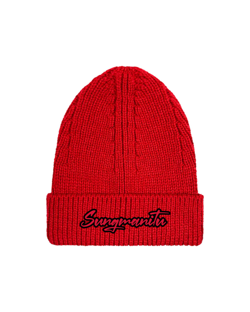 Red cuffed beanie with 'Sungmanitu' logo embroidered in red with a black outline.