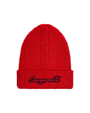 Red cuffed beanie with 'Sungmanitu' logo embroidered in red with a black outline.