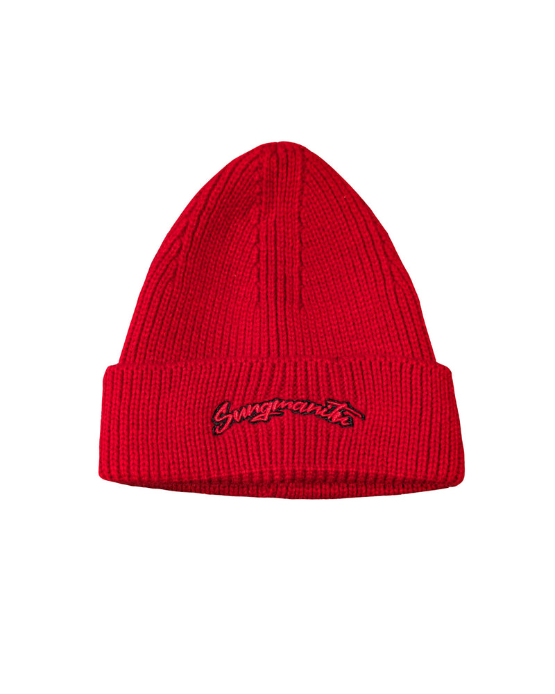 Red cuffed beanie with 'Sungmanitu' logo embroidered in red with a black outline.