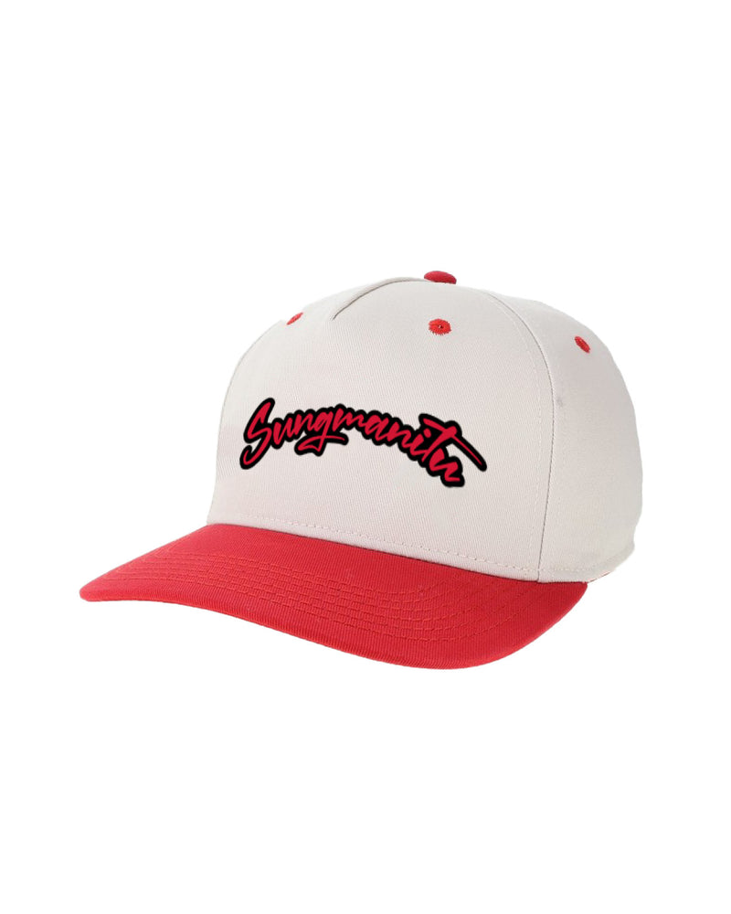 Tan and red cap with 'Sungmanitu' embroidered across front in red with black outline.